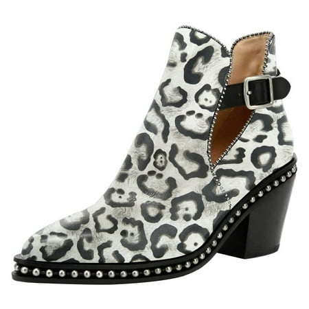 

YDN Women Studded Mid Chunky Heeled Ankle Booties Pumps Closed Almond Toe Short Combat Boots Buckle Strap Cutout Shoes Size 6.5 White Leopard