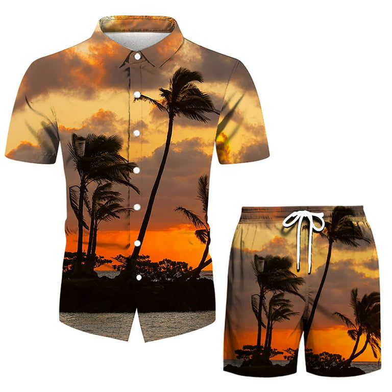 ZCFZJW Mens Casual Button Down Short Sleeve Shirt Set Hawaiian Tropical  Palm Tree Printed Shirts and Drawstring Shorts with Pockets 2 Piece Beach  Outfit Yellow XXXL 