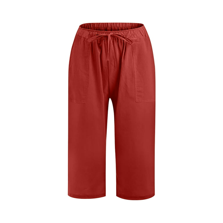 Plus Size Capris for Women Cotton Linen Lightweight High Waisted Capri  Pants Wide Leg Casual Loose Fitting 3/4 Slacks (X-Large, Red)