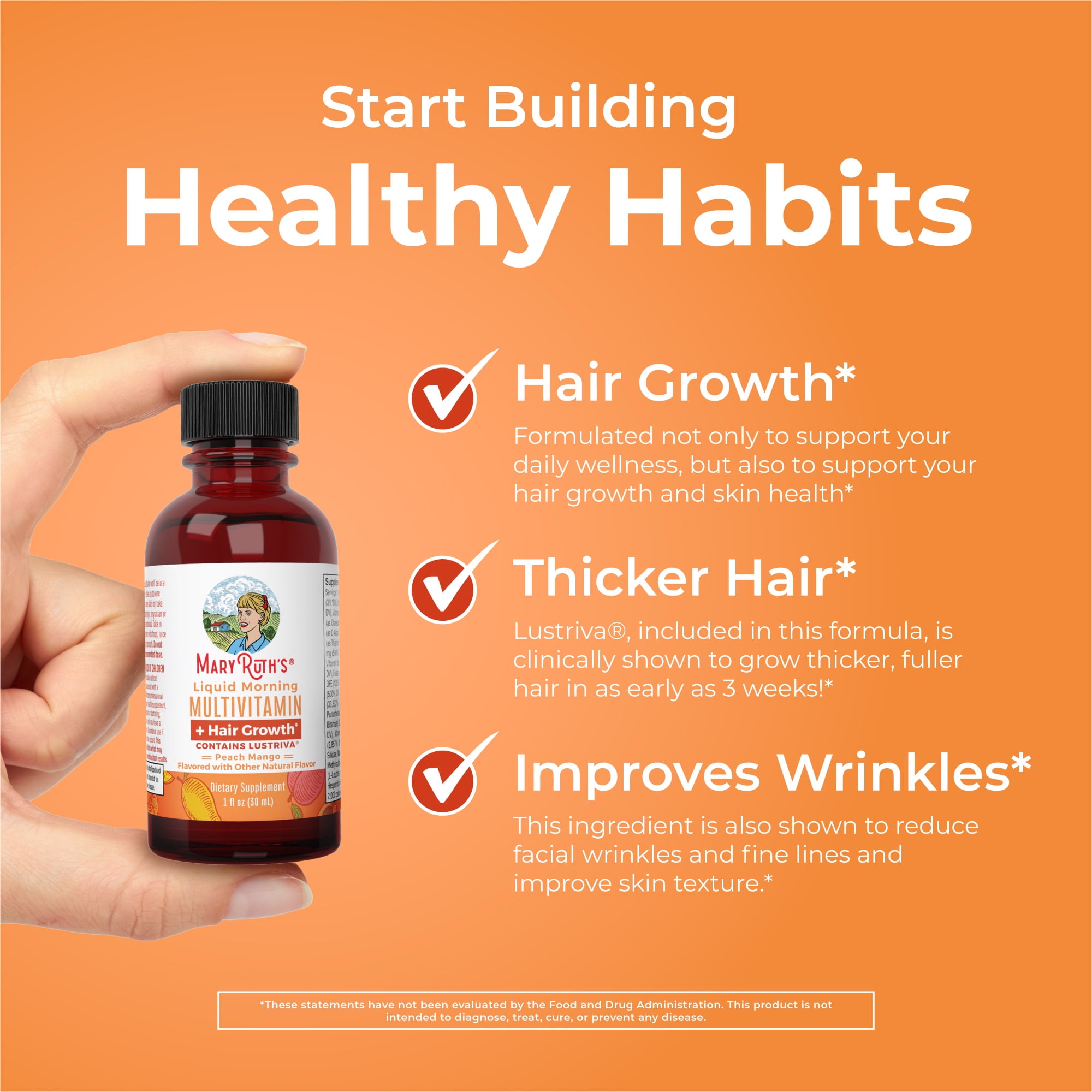 MaryRuth Organics Liquid Morning Multivitamin + Hair Growth, Peach Mango, 1 fl oz