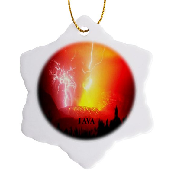 3drose, Lightning Bolts Hit a Volcano in Java, 3 inch Snowflake Porcelain Ornament