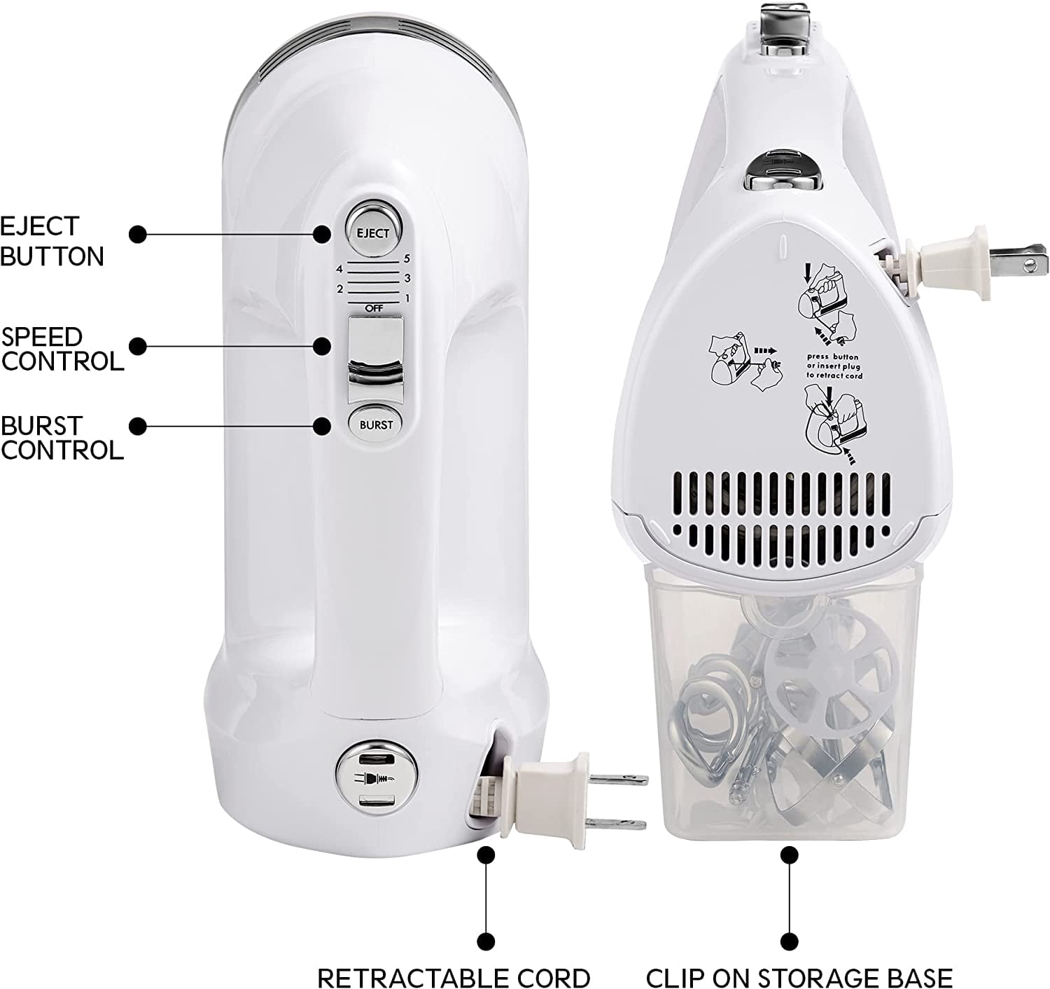5-Speed Hand Mixer with 250W Motor, Beaters, Dough Hooks, and Cord Retract for Baking