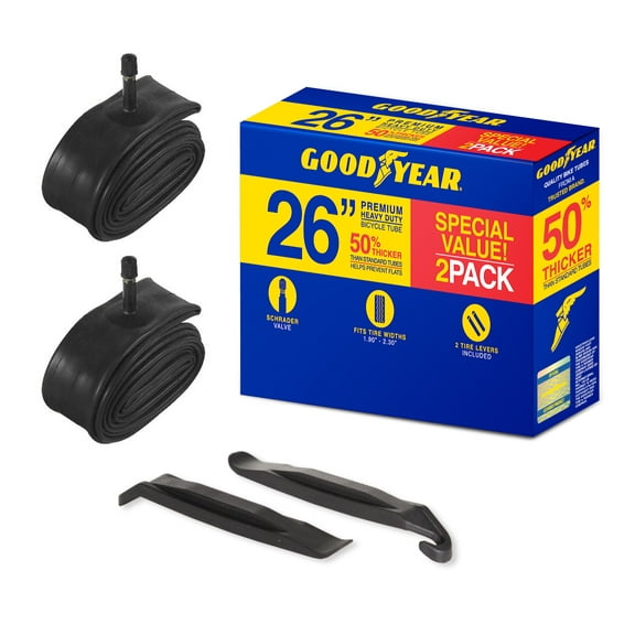 Goodyear 26" x 1.9"-2.3" Heavy Duty Bike Tube, 2 Pack, Schrader Valve