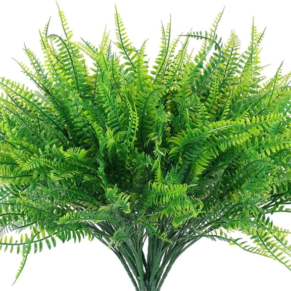 8 Pcs Fake Plants Outdoors - UV Resistant Artificial Boston Ferns for Porch, Garden, Balcony, and Indoor Greenery Decor, Lifelike Faux Fern Stems