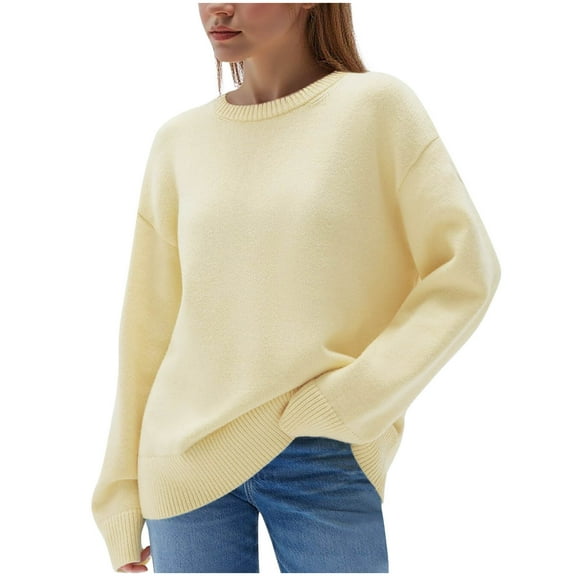 Womens Oversized Sweaters Ribbed Knit Details Soft Knit Pullover Long Sleeve Tops Casual Fall Crewneck Sweatshirts (XL, Yellow)