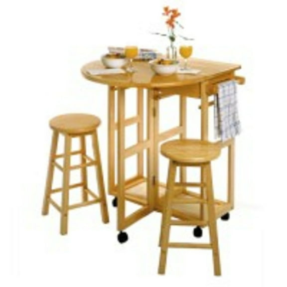 Contemporary Home Living Set of 3 Beige Space Saver Drop Leaf Table with Two Round Stools – 32.75”