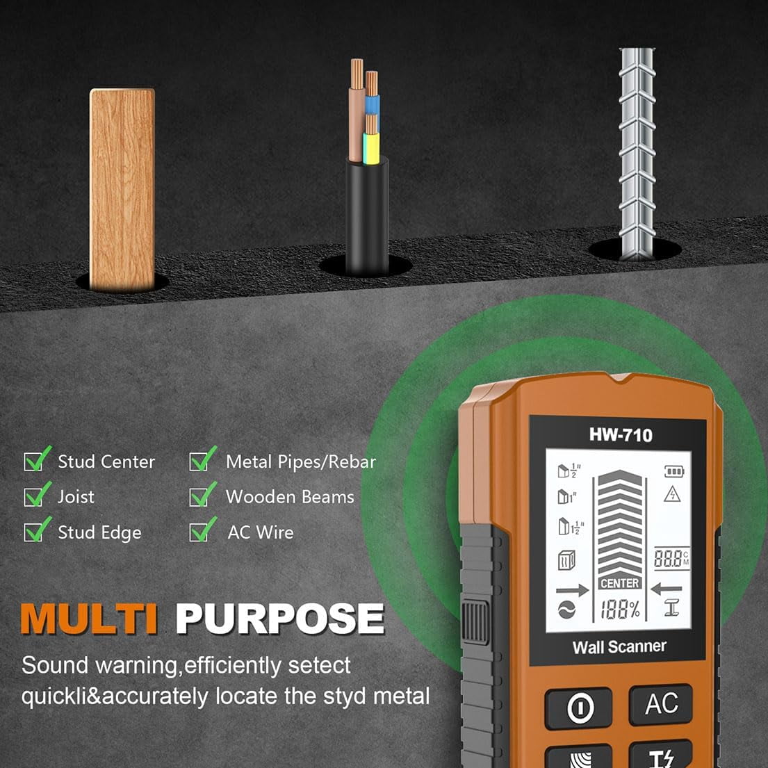 Multifunctional Handheld Metal & Wall Detector, 5 in 1 Stud Finder Scanner, Portable Wire Pipe Power Scanner, HD LCD Display and Audio Alarm, Suitable for Detecting Metal, Cables, Wood (Brown)