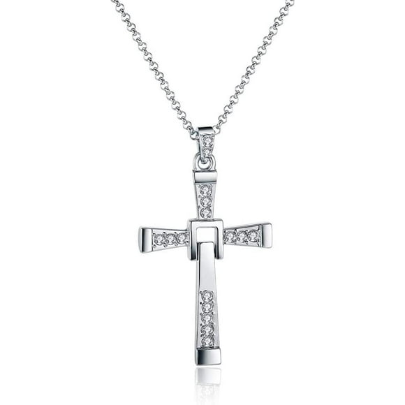 shiyou-Fashion Jewelry 18k Platinum White Gold Shiny Cubic Zirconia Crystal Diamond Cross Pendant Necklace with Adjustable 24 Inches Wave Chain for Women Men