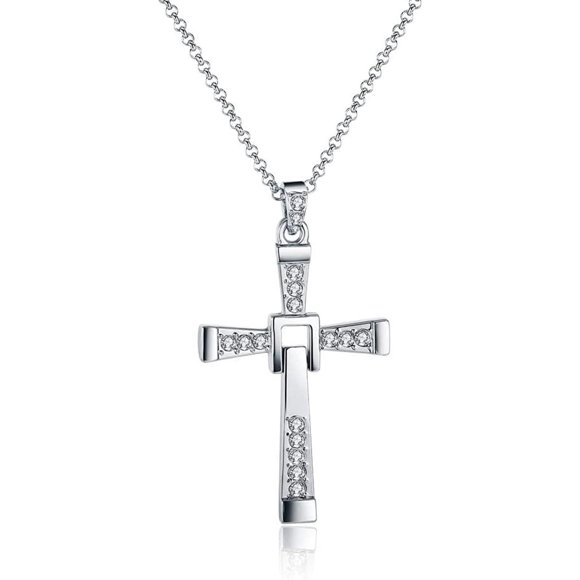 shiyou-Fashion Jewelry 18k Platinum White Gold Shiny Cubic Zirconia Crystal Diamond Cross Pendant Necklace with Adjustable 24 Inches Wave Chain for Women Men