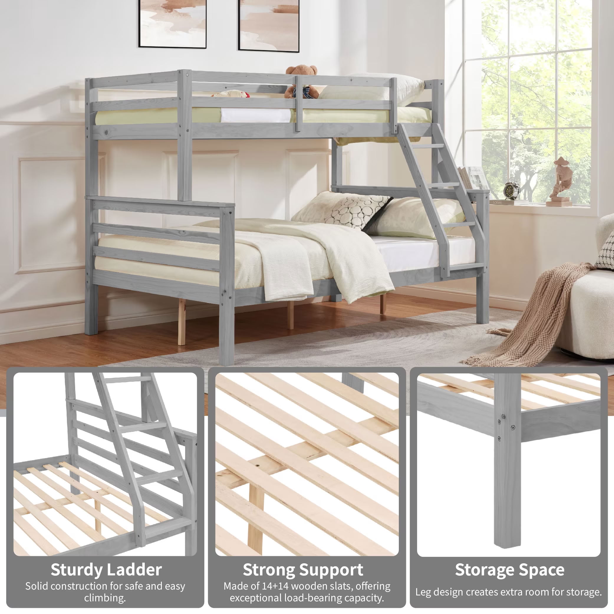 MAYEERTY Twin over Full Bunk Bed with Thick Posts, Solid Wood Bed Frame with High Guardrail and Ladder, for Kids Teens Dorm Rooms Guest Rooms, No Box Spring Needed