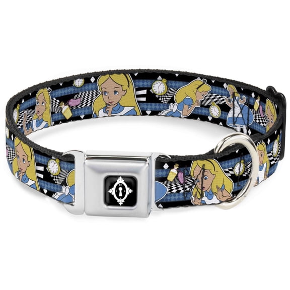 Disney Pet Collar, Dog Collar Metal Seatbelt Buckle, Alice In Wonderland Poses Clock Bottle Black White Blues, 16 to 23 Inches 1.5 Inch Wide
