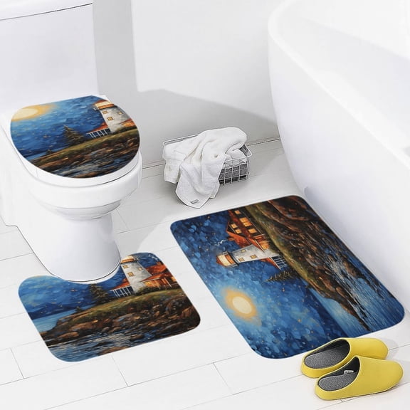 Lighthouse Sunrise Coast Scenery Pale Blue Tan Bathroom Mats Set of 3 Pieces，Non Slip Non Slip Mats, Washable Mats, Decorative Carpets for Bathrooms, Kitchens, And Bedrooms.