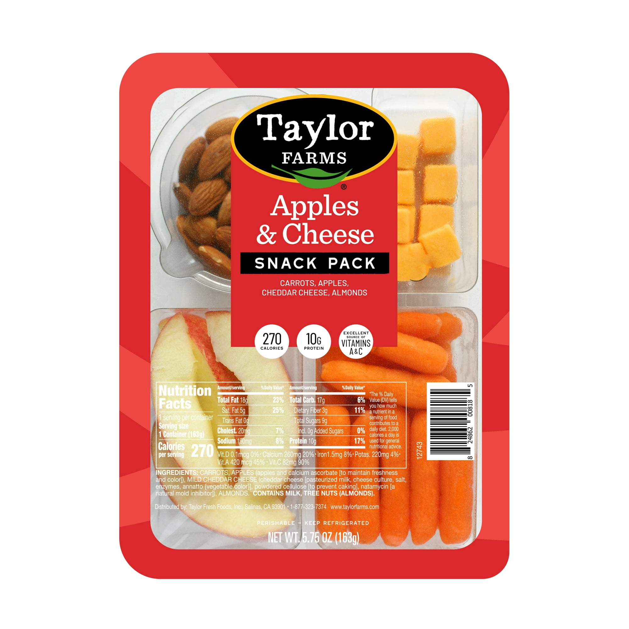 Taylor Farms Refrigerated Snack Tray with Apples, Almonds, Cheese, Carrots & Ranch Dip, 6.5 oz, Fresh