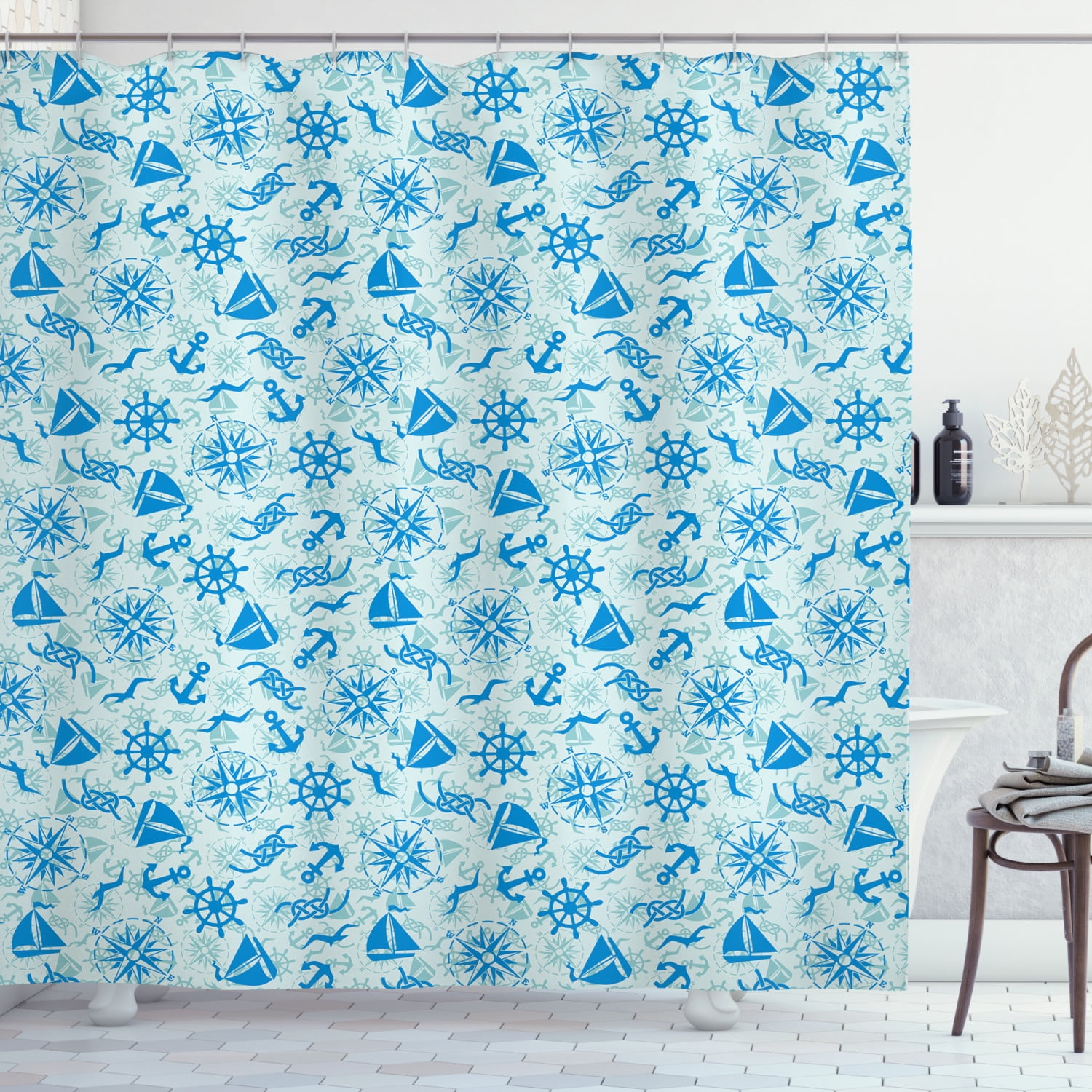 Ambesonne Compass Shower Curtain, Nautical Seagull Knot, 69"Wx70"L