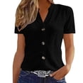 thumbnail image 6 of Women's Cotton Linen Shirt, Button Down Short Sleeve V-Neck Blouse, Breathable & Soft Casual Top for Daily Wear, Office, and Summer Outfits Essential Wardrobe Staple-Black, 6 of 8