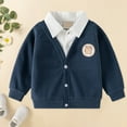 thumbnail image 2 of idosla Toddler Little Boy Spring Lapel Splicing Long Sleeve Two Piece Outfits Cartoon Bear Top (Dark Blue, 5-6 Years), 2 of 6