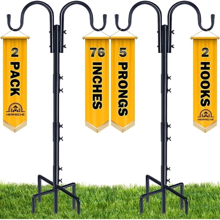 Hermsche Shepherds Hooks for Outdoor, Adjustable Bird Feeder Pole with 5 Prongs Base, 2 Pack 76" Heavy Duty Double Garden Hook for Hanging Plant Baskets Solar Light Lanterns Wedding Decor