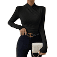 thumbnail image 2 of Women's Ruched Mock Neck Long Sleeve T Shirt Solid Slim Fitted Tee Tops Black S, 2 of 10
