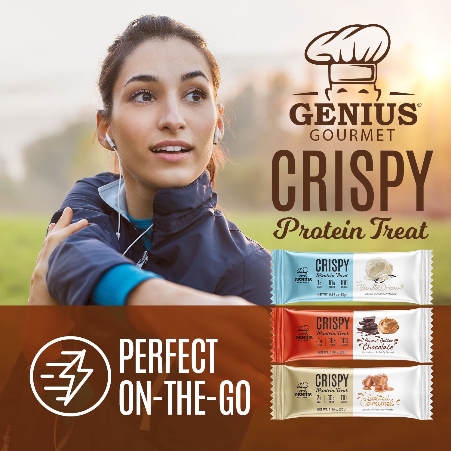Genius Gourmet Crispy Protein Treat - Salted Caramel Low Carb Low Sugar Snacks (10 Protein Bars)