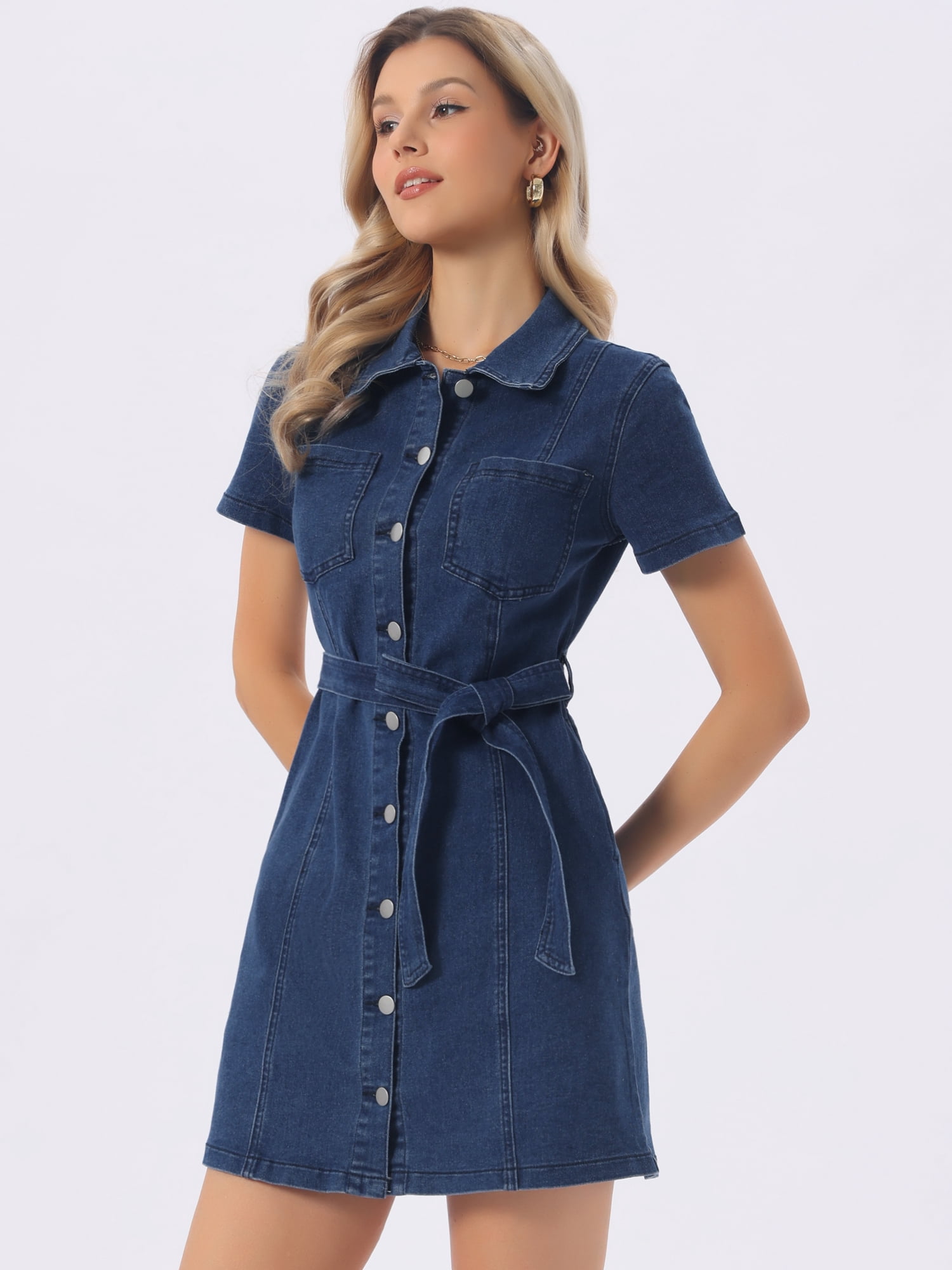 DARING DIVA Women's Denim Dress Button Down Short Sleeve Dresses L Deep Blue