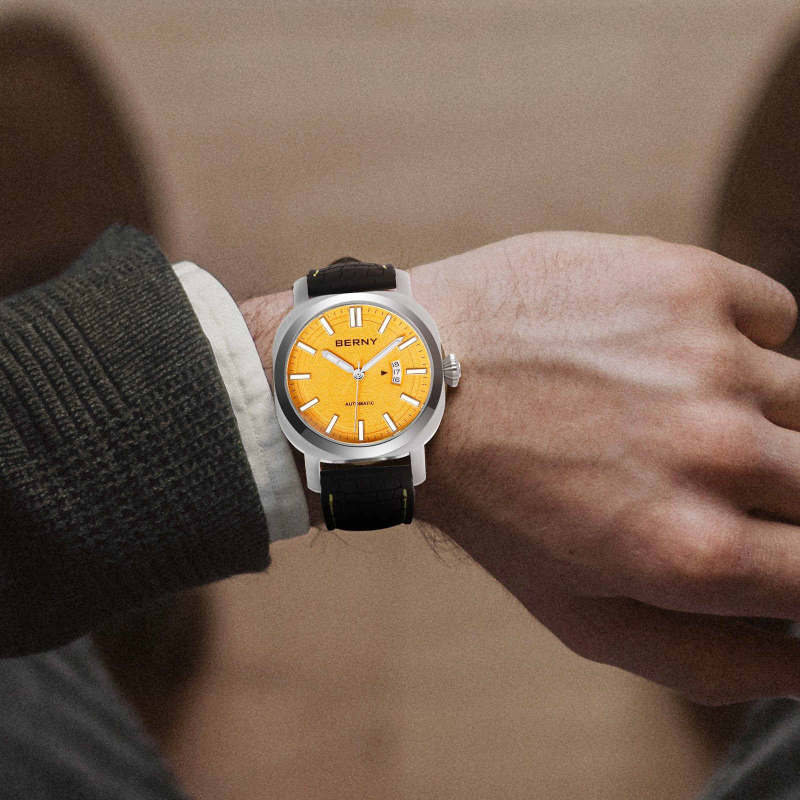 BERNY Automatic Watch for Men, Sport 10ATM Waterproof Mechanical Watch with Silicone Strap, Date Calendar, Super Luminous, Sapphire Glass, Fashion Men's Diver Wristwatch, Orange