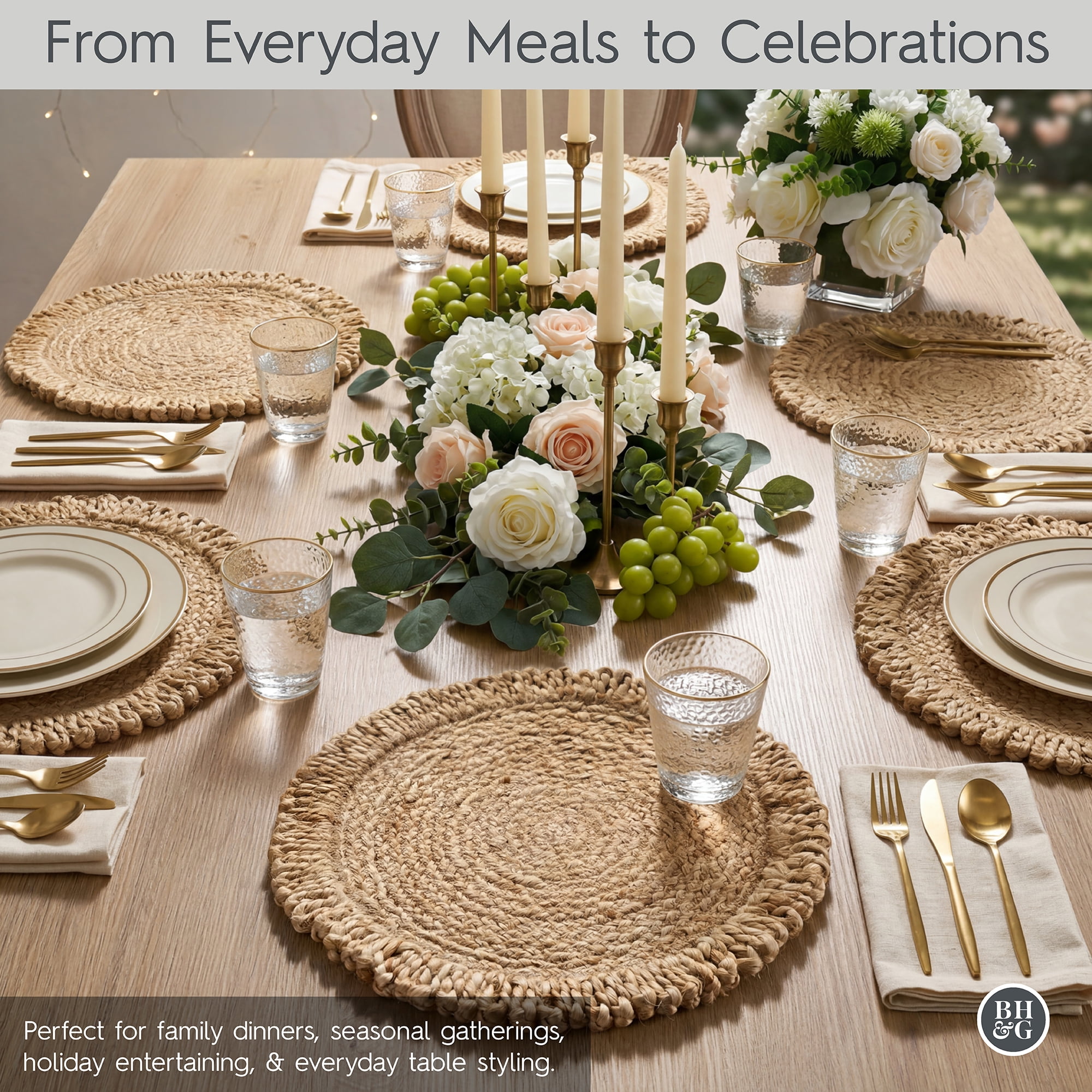 Better Homes and Gardens Jute Flower Design Placemat Woven for Dining Table Décor 15" Round