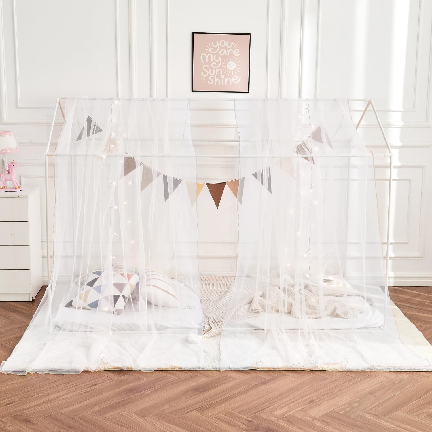 CAILDANL White Twin Canopy Bed Curtains with Light, Princess Bed Canopy Scarf for Girls Room Decor,Window Scarf Valance(2Panel,White)
