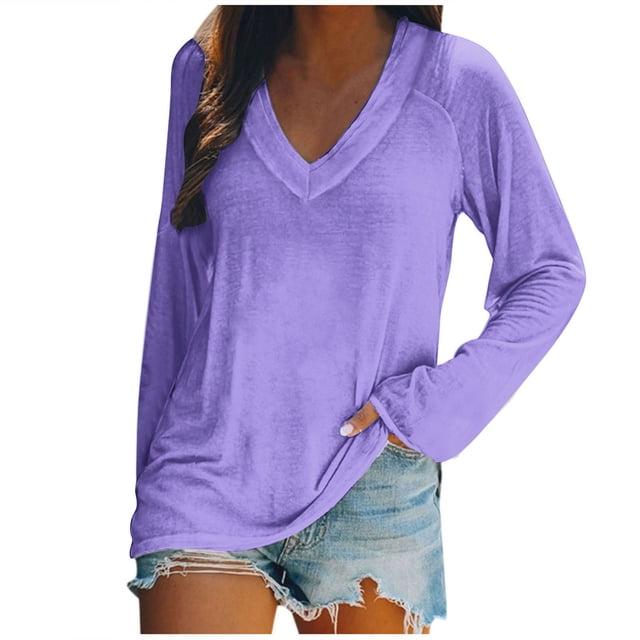 AherBiu Womens T Shirts V Neck Loose Fitted Long Sleeve Basic Tee Oversized Comfy Fall Tops Solid Color