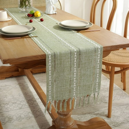 

OBOSOE Rustic Farmhouse Style Linen Table Runner Boho Embroidered Table Runners 70.8 inches Long with Tassels for Holiday Party and Dining Room Dresser Decor 11.8 x 70.8 inch Green