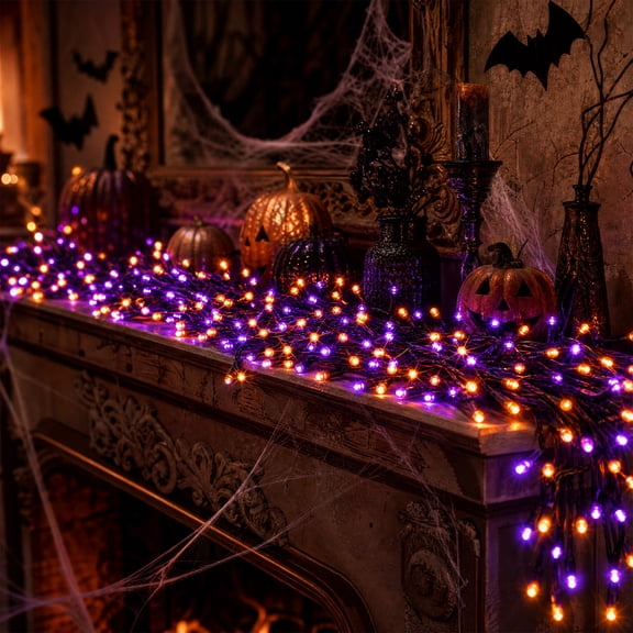 Plug-In Orange and Purple LED Halloween String Lights,8 Modes Waterproof Fairy Lights,39.37 ft for Outdoor Yard Porch Window Mantel Party Decor