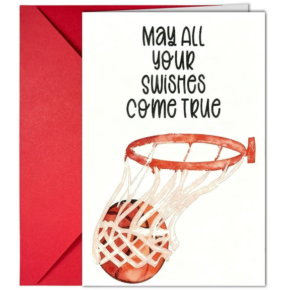 Basketball Greeting Card – "May All Your Swishes Come True" Design – Envelope Included, Blank Inside – Perfect for Sports Fans, Birthdays, and Encouragement