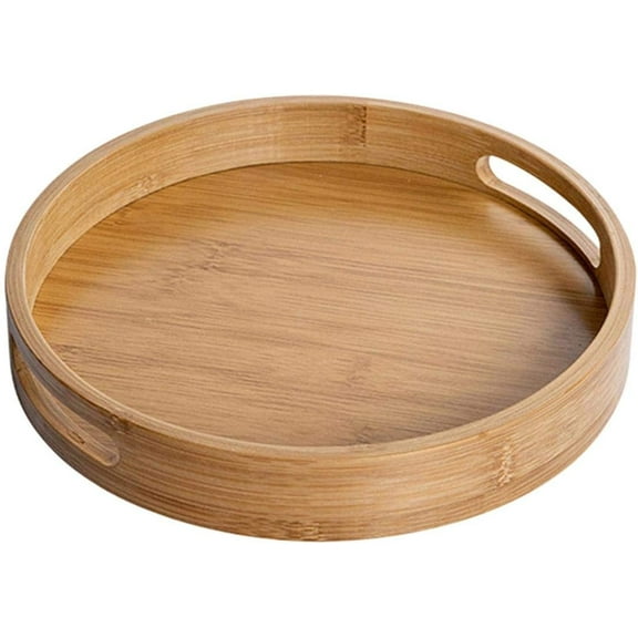 NUISISABamboo Wood Round Tray w/Handles, Tea & Coffee Table Decorative Serving Tray Food