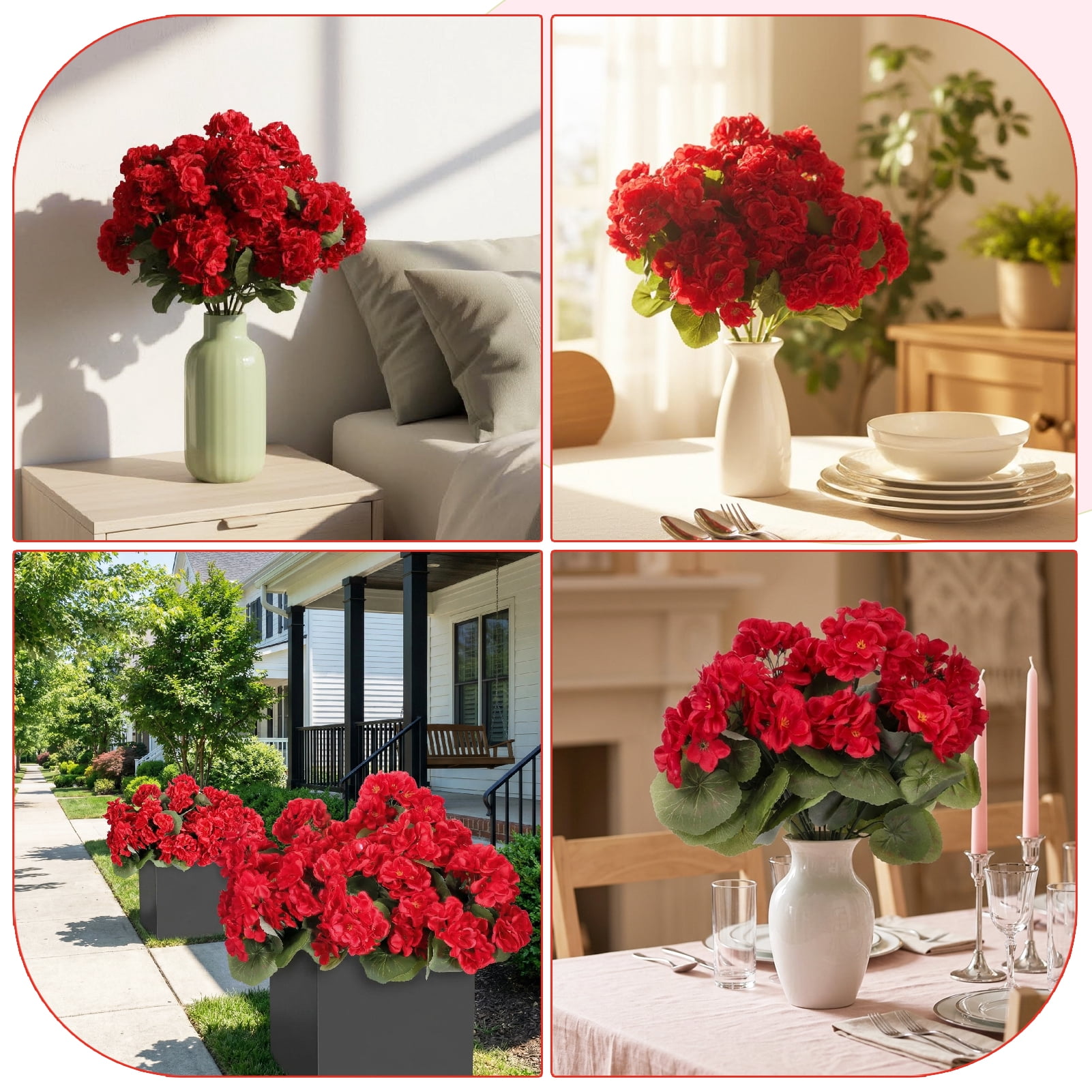 Armscye 12 Bundles  Artificial Geranium Flowers for Outdoors, Geranium Silk Red Flower, Outdoor UV Resistant Garden Plants Faux Flowers for Home Kitchen Table Centerpieces Decor