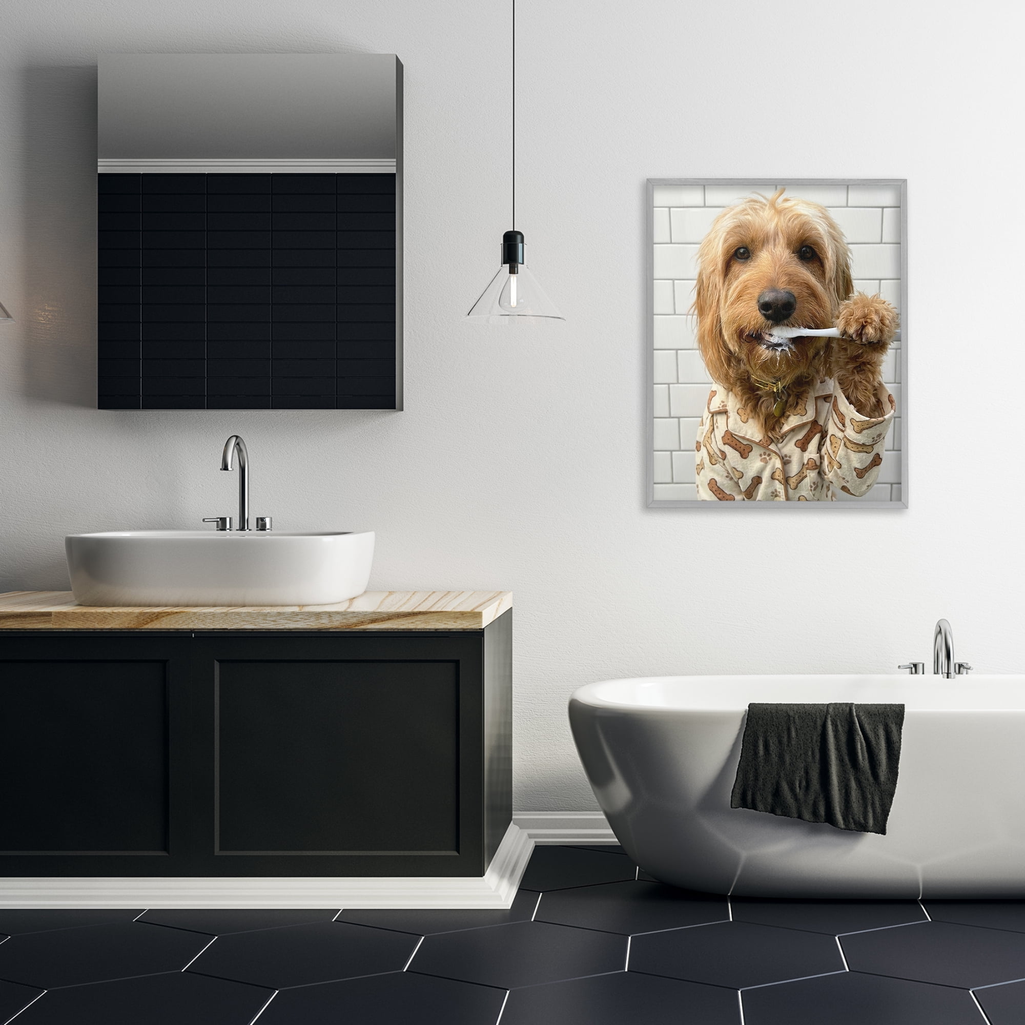 Stupell Industries Realistic Dog Brushing Teeth Gray Framed Giclee Art, design by Abigail Walker