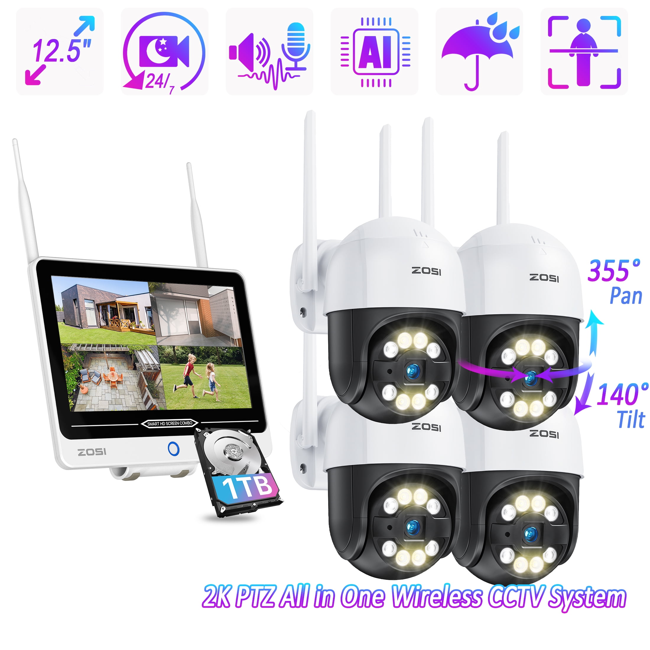 5MP 355 WiFi Security Camera System with 12" LCD Monitor, ZOSI 8CH All in one WiFi Security System with 1TB HDD, 3MP Outdoor WiFi Camera with 2 way Audio, AI Human Detection, 100ft Night Vision