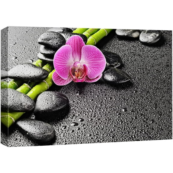 wall26 Canvas Print Wall Art Purple Orchid Flower Bamboo Beach Massage Stones Nature Wilderness Photography Realism Rustic Landscape Colorful Multicolor for Living Room, Bedroom, Office - 24"x36