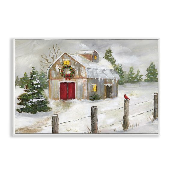 Stupell Industries Winter Farmhouse Scene Holiday Painting White Framed Art Prints Wall Art, 30 x 20