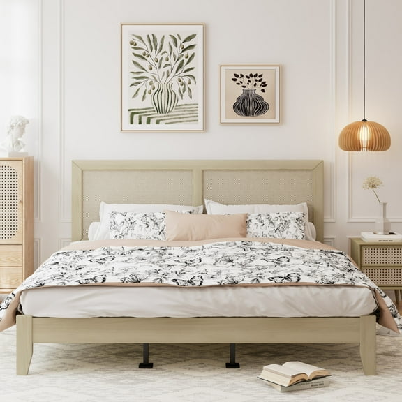 Boho Solid Wood Platform King Bed with Rattan Cane Headboard, Silent Slats, Natural
