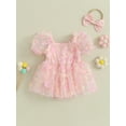 thumbnail image 3 of Musuos Baby Girl Summer Romper Dress 3M 6M 12M 18M Short Puff Sleeve 3D Flower Jumpsusit Tulle Dress with Headband Set 2Pcs Clothes, 3 of 9