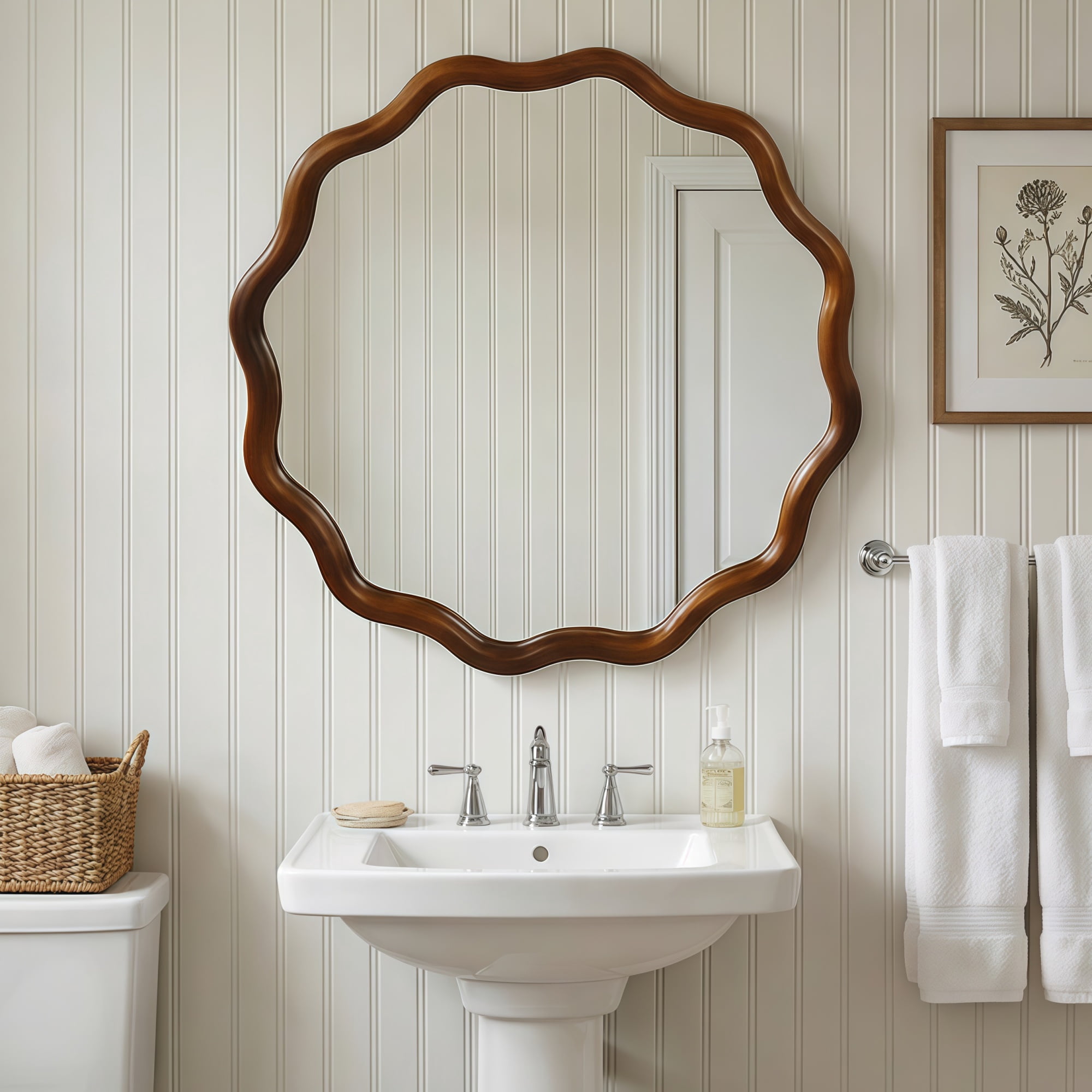 Leumius 30" Wavy Round Mirror, Solid Wood Frame Decorative Mirror for Bedroom Bathroom Living Room Entryway Dark Walnut