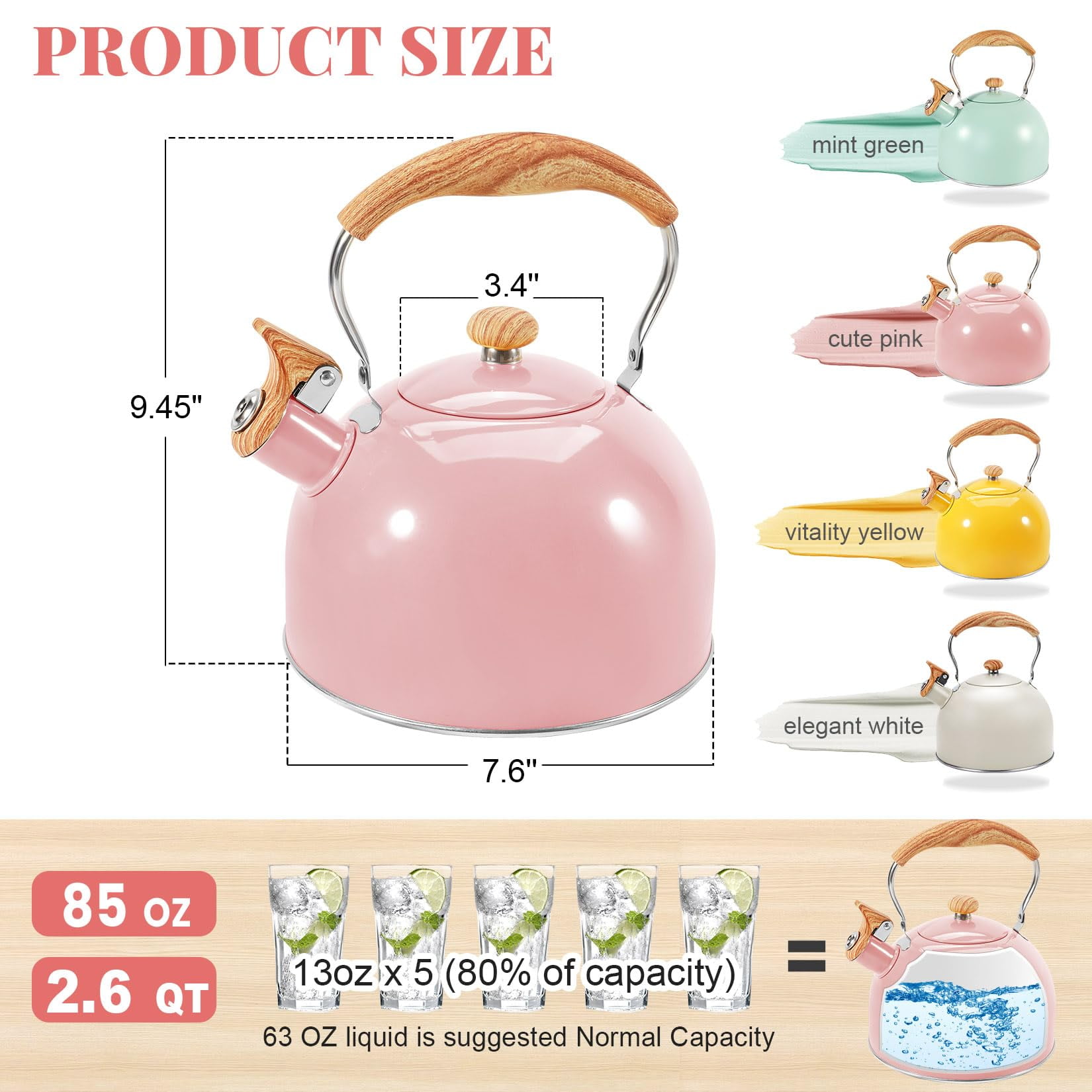 Uscover Whistling Stovetop Water Teakettle,Induction Pink Tea Kettle Teapot with Ergonomic Wood Cool Touch Folding Handle,Mordern Kettle Outlet for Gas Electric,2.5L Stainless Steel