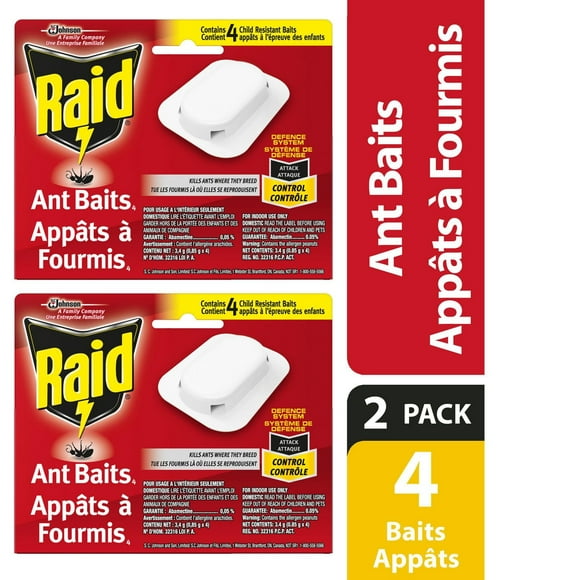 Insecticide Raid Appâts à fourmis Double action, tue la reine et la colonie, pour utilisation à l’intérieur, à l’épreuve des enfants, 2 x 4 unités 8 appâts