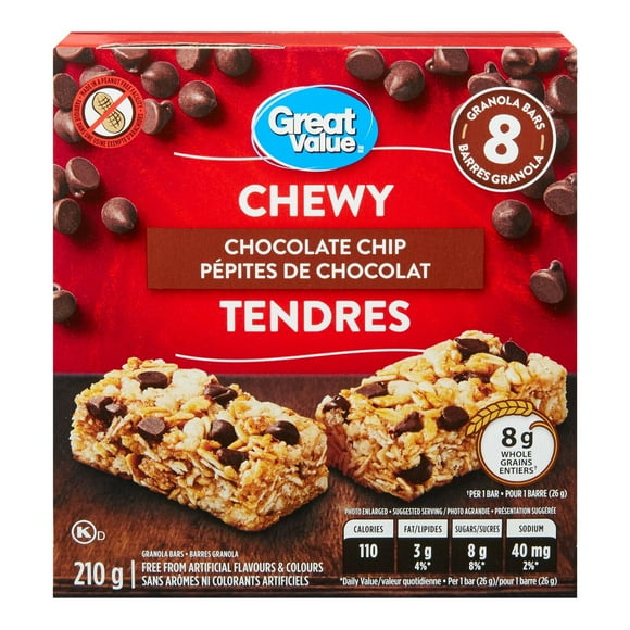 Great Value Chewy Chocolate Chip Granola Bars, 8 Bars, 210 g