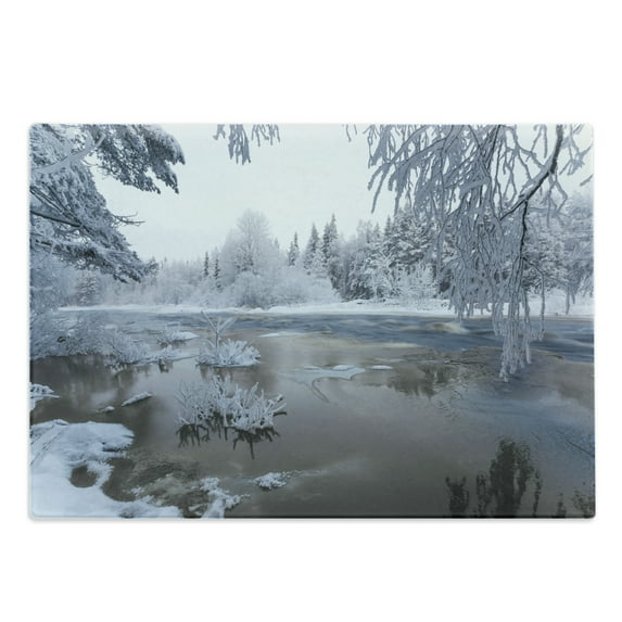 Winter Cutting Board, Nordic Snow Nature Lake Idyllic Finland Icy Cold Forest Scandinavian Landscape, Decorative Tempered Glass Cutting and Serving Board, Large Size, White Dark Taupe, by Ambesonne
