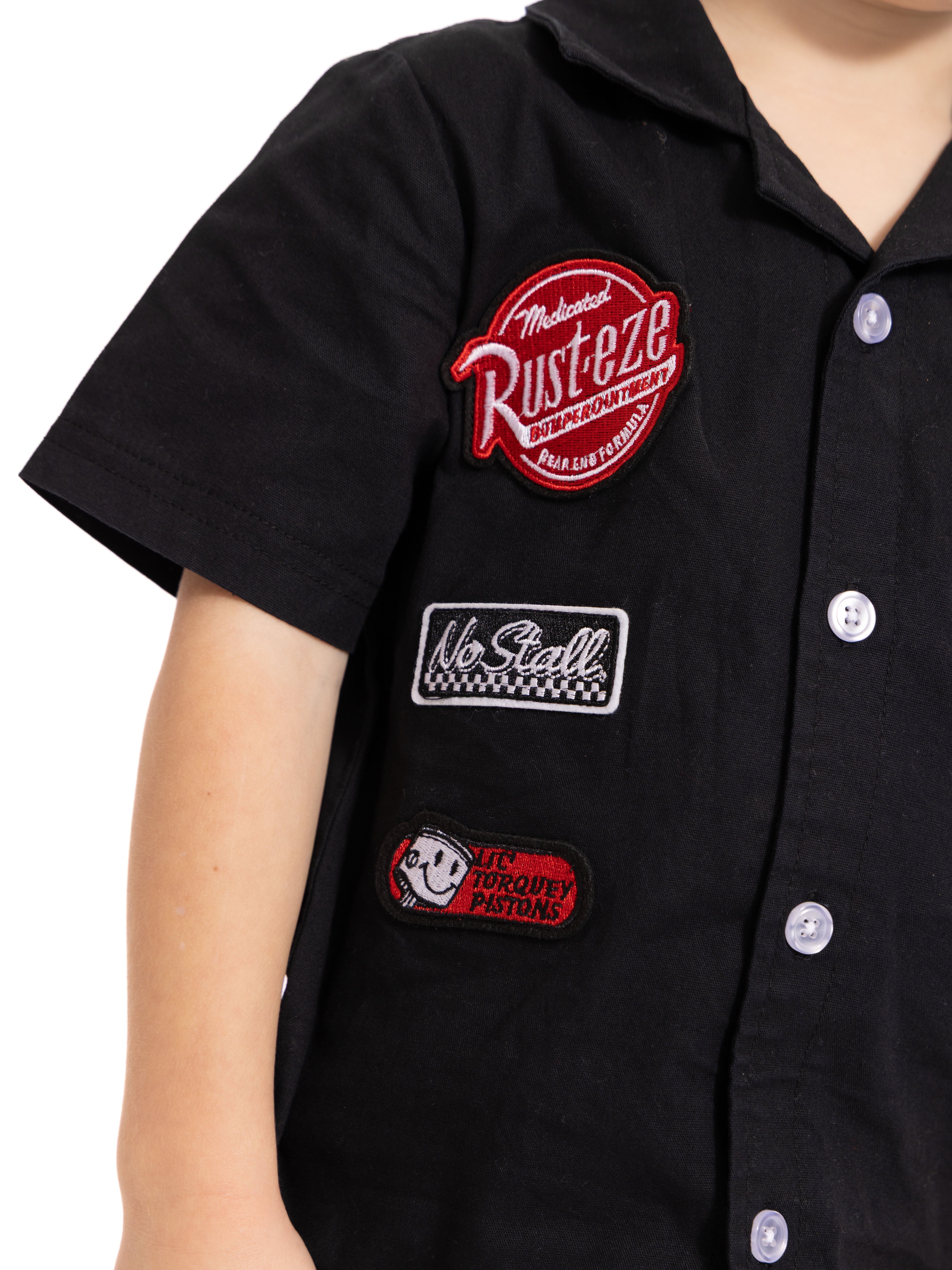 Disney Pixar Cars Toddler Boys Short Sleeve Cotton Button Down Shirt with Patches, Sizes 12M-5T