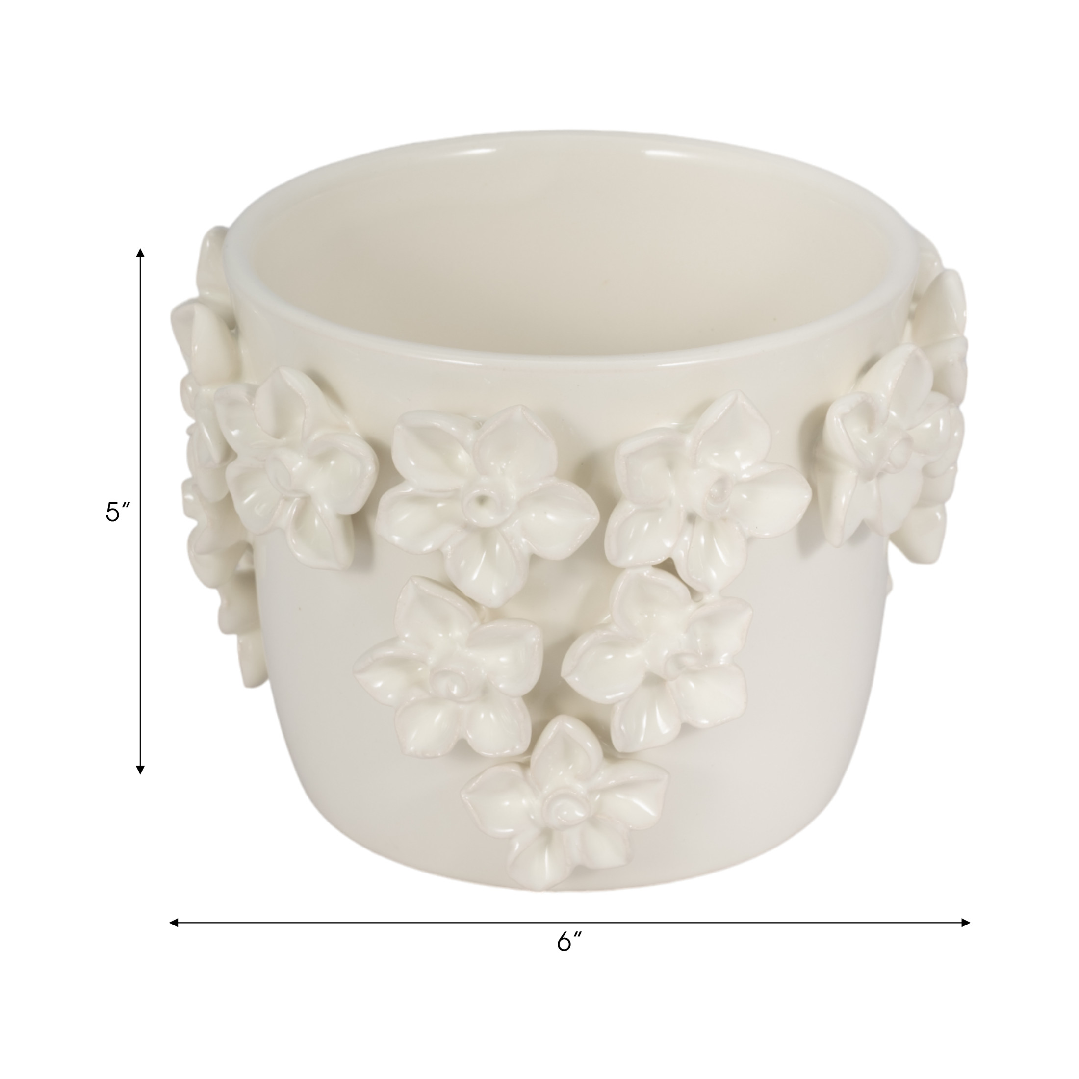 Elegant Round Flower Pot for Home Decor - Ceramic Planter with 3D Floral Design for Indoor Plants - Decorative Stoneware Planters for Outdoor Garden Style, Patio, and Entryway - 6", Ivory & Tan