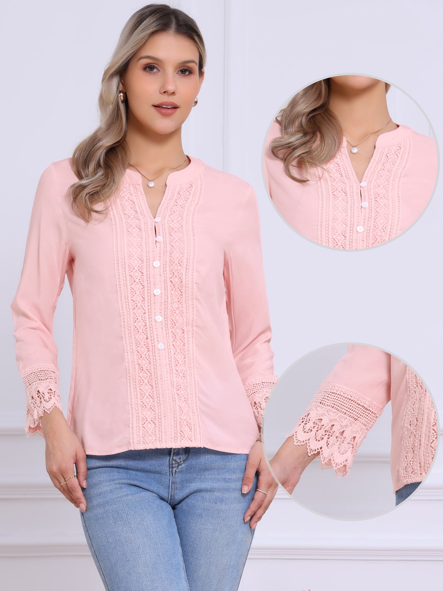 DARING DIVA Women's Half Button Placket Long Sleeve Lace Crochet Blouses L Light Pink
