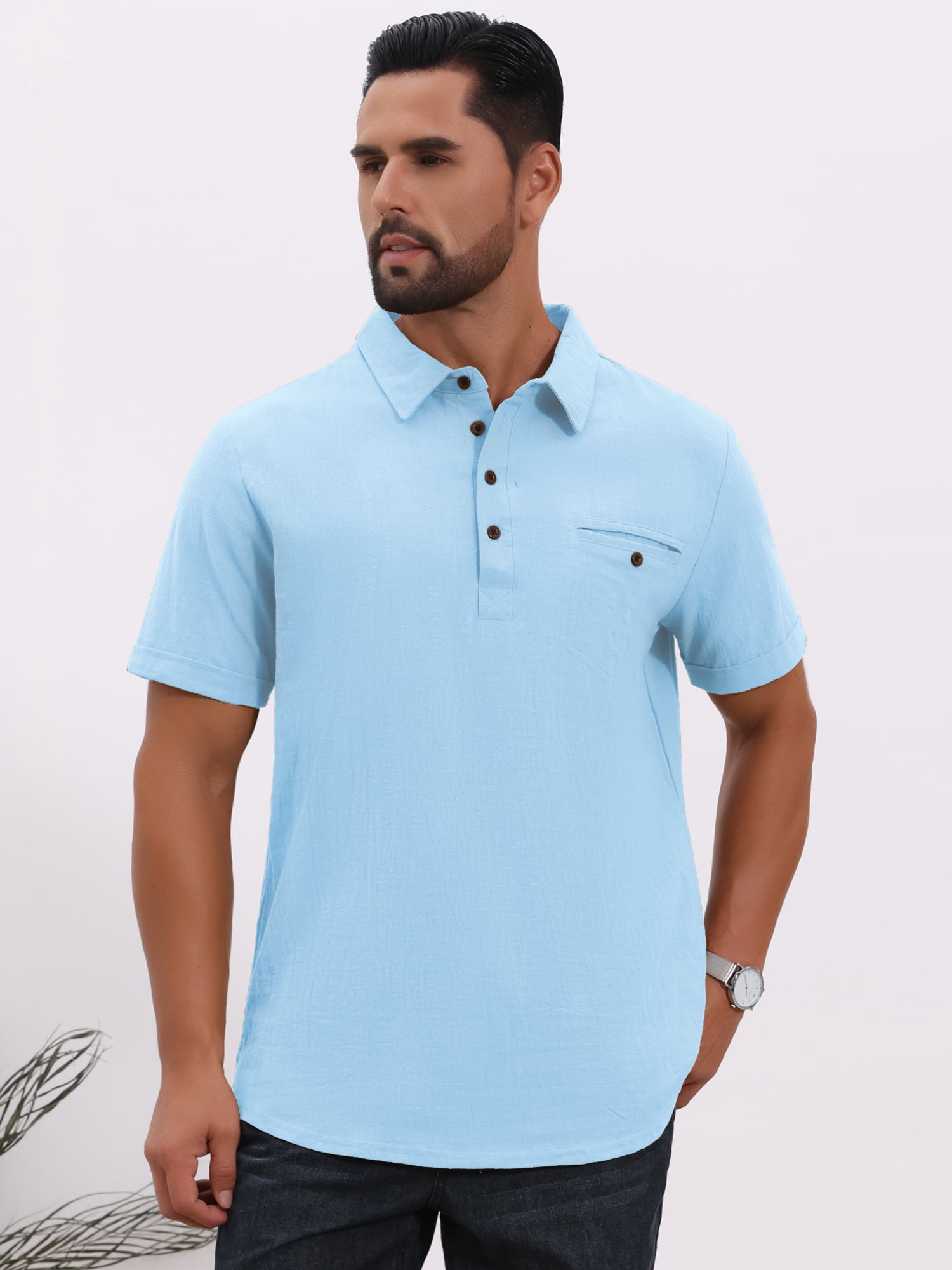 DARING DIVA Men's Linen Chest Pocket Short Sleeve Casual Hawaiian Shirts L Light Blue
