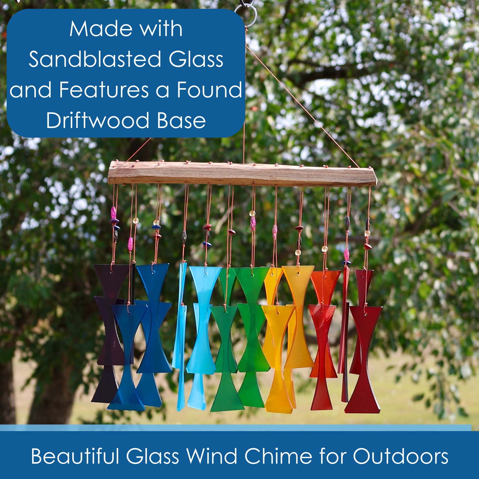 Blue Handworks Rainbow Beaded Glass & Driftwood Cast Off Wind Chime - Sandblasted Glass and Found Wood Handcrafted Outdoor and Garden Windchime