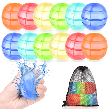 12 Pcs Reusable Water Balloons, Self Sealing Quick Fill Water Splash Balls, Soft Silicone Summer Water Toys for Kids & Adults, Eco-Friendly Outdoor Party Supplies Gift